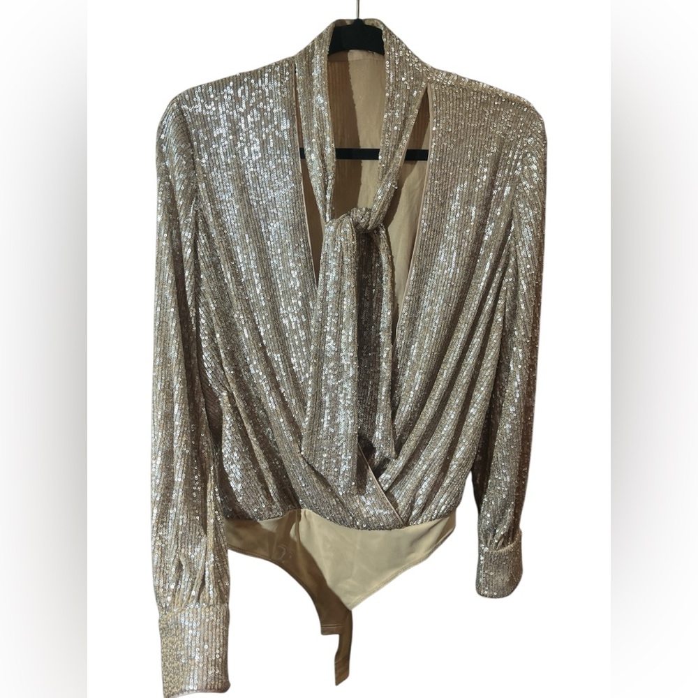 Jonathan Simkhai Gold Sequin Tie-Neck Bodysuit - Size S